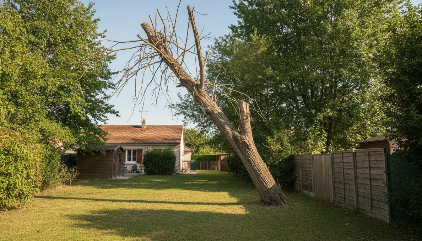 Peuplier mort penché avant abattage à Lardenne