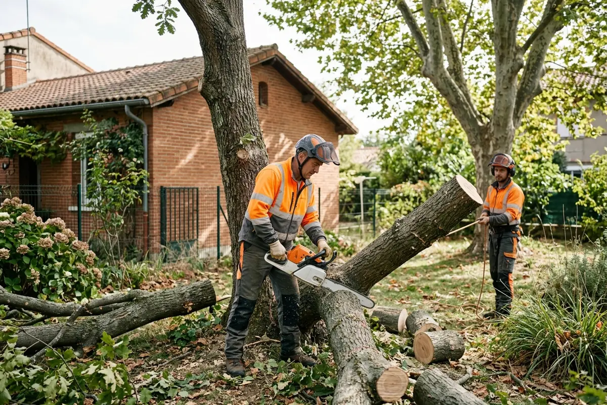 Démontage d'un arbre dangereux par cordes à Toulouse