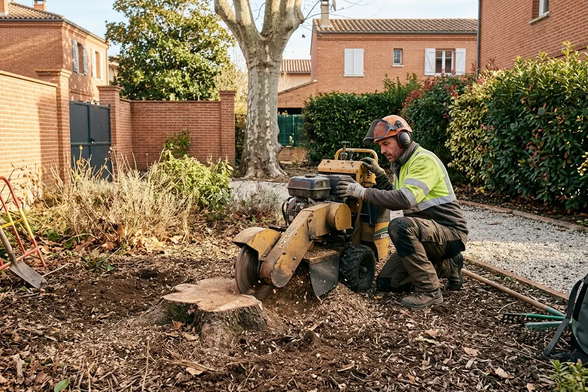 Rognage de souche dans un jardin à Pibrac