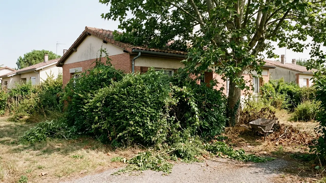 Platane dense avec branches proches d'une toiture toulousaine avant élagage