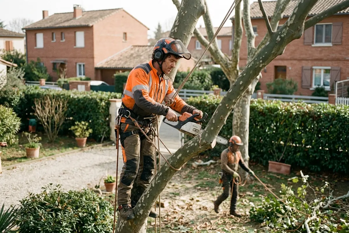 Arboriste grimpeur équipé de cordes dans un jardin toulousain