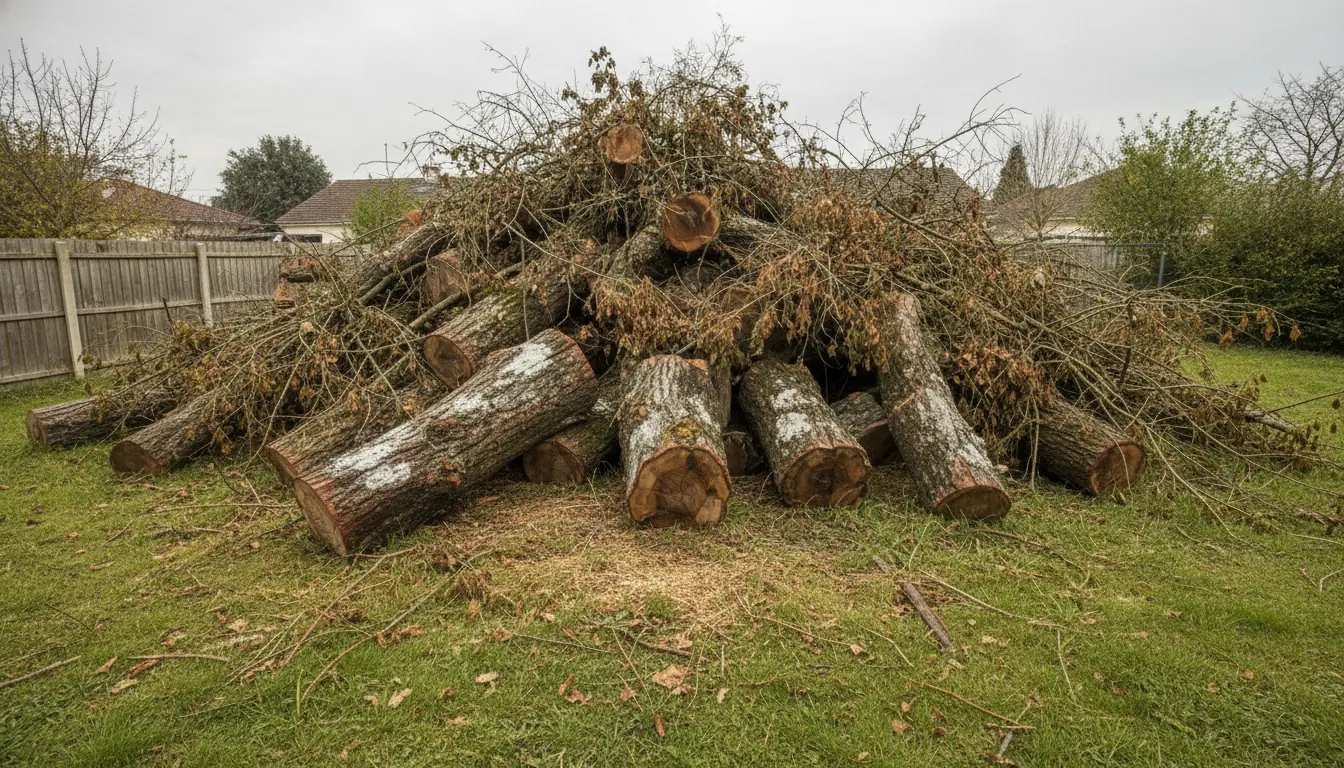 Tas de branches et grumes encombrant un jardin après abattage à Lardenne
