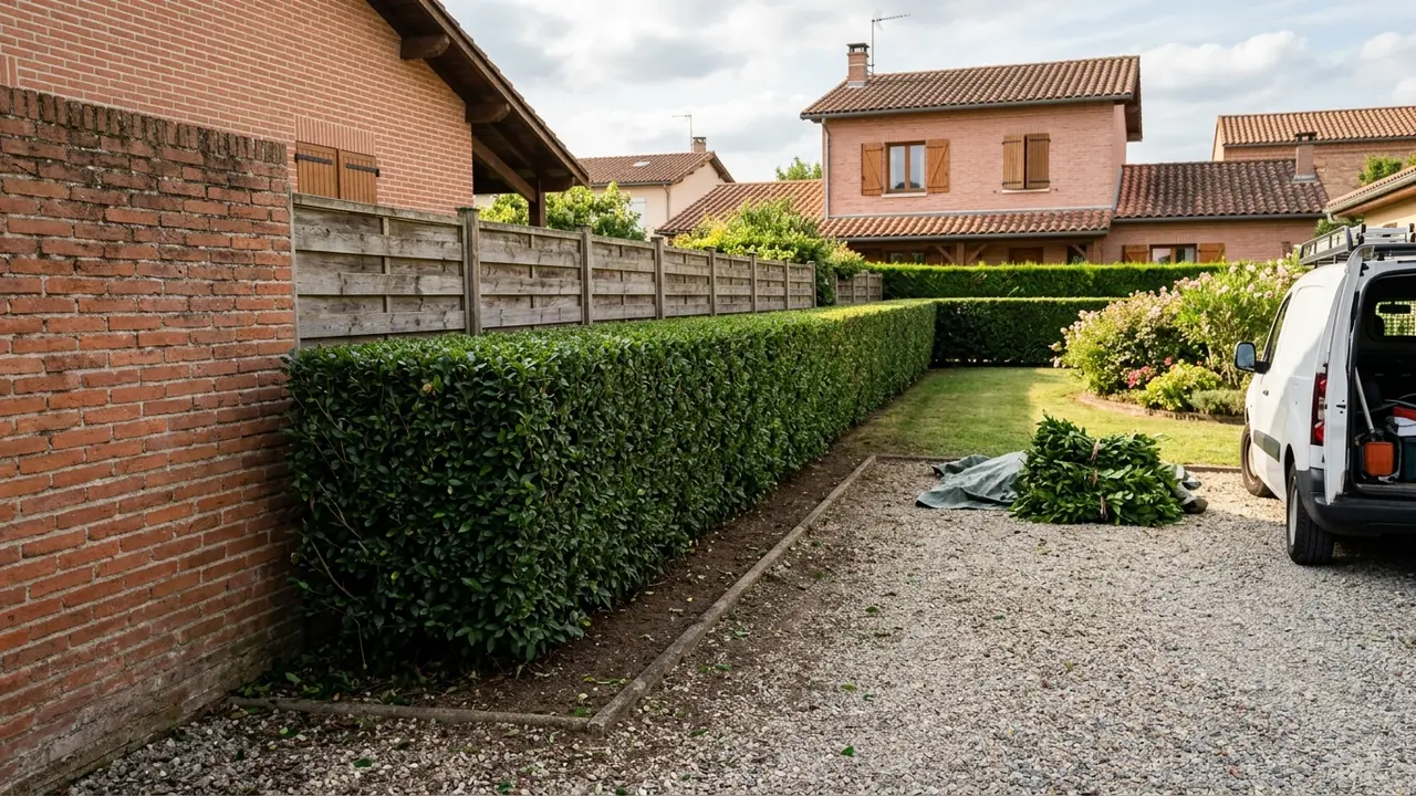 Haie de laurier taillée proprement avec allée dégagée à Toulouse