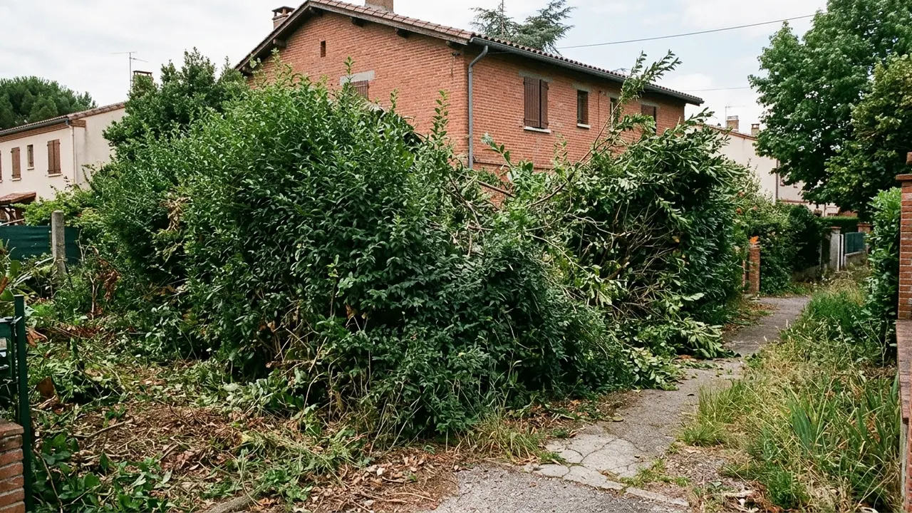Haie de laurier trop large dans un jardin toulousain avant taille