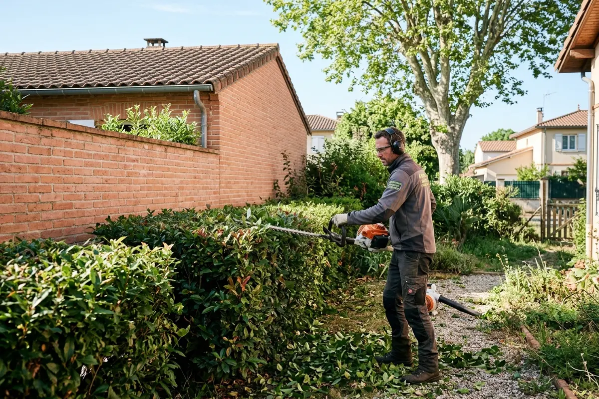 Taille de haie dans un jardin à Pibrac