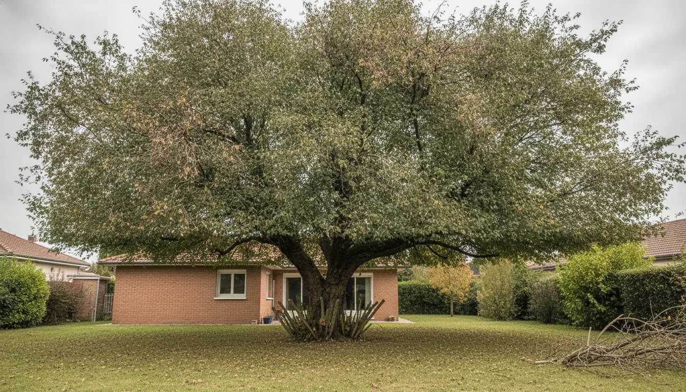 Cyprès penché au-dessus d'une toiture aux Renards à Saint-Orens-de-Gameville avant intervention